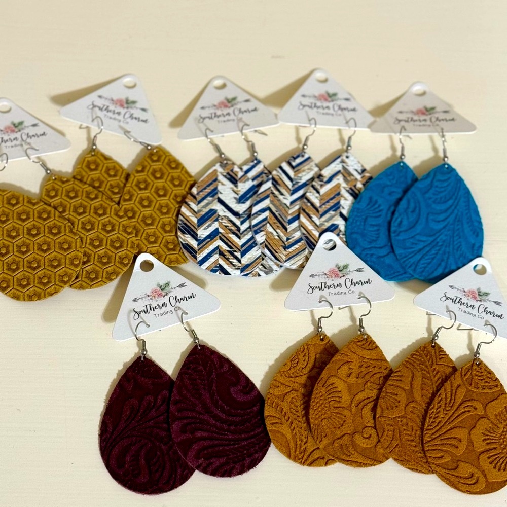 Bundle of boutique Leather Teardrop Earrings with Textured Patterns